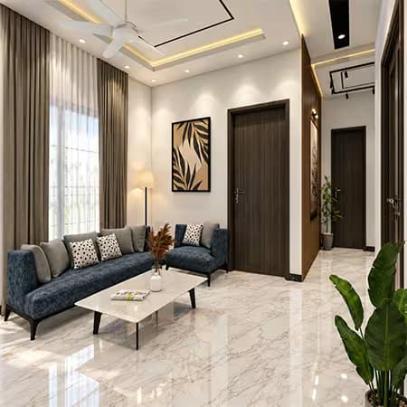 Modern luxury lounge featuring a teal sofa, white marble flooring, floor-to-ceiling curtains, wooden doors, indoor plants, contemporary wall art, recessed ceiling lights, and a modern coffee table.
