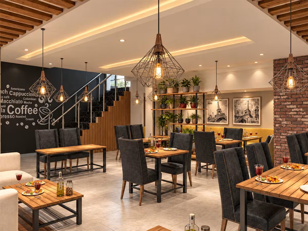 High-end restaurant dining space with wooden tables, upholstered chairs and exposed brick accent wall