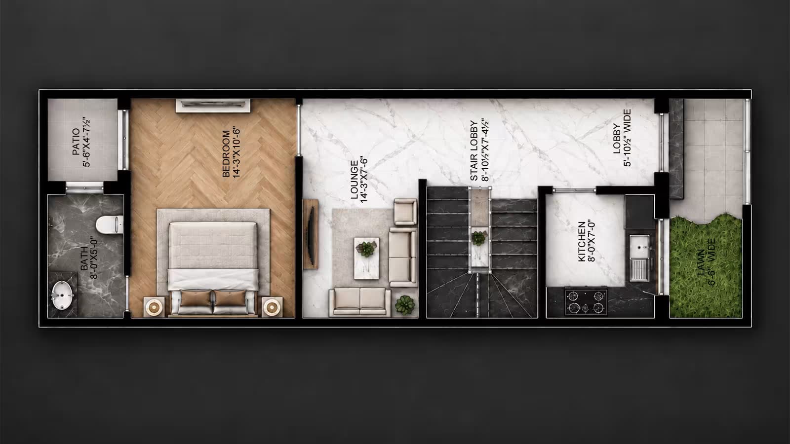 3 Marla ground floor house plan with bedroom, attached bath, lounge, kitchen, stair lobby, patio and small lawn.