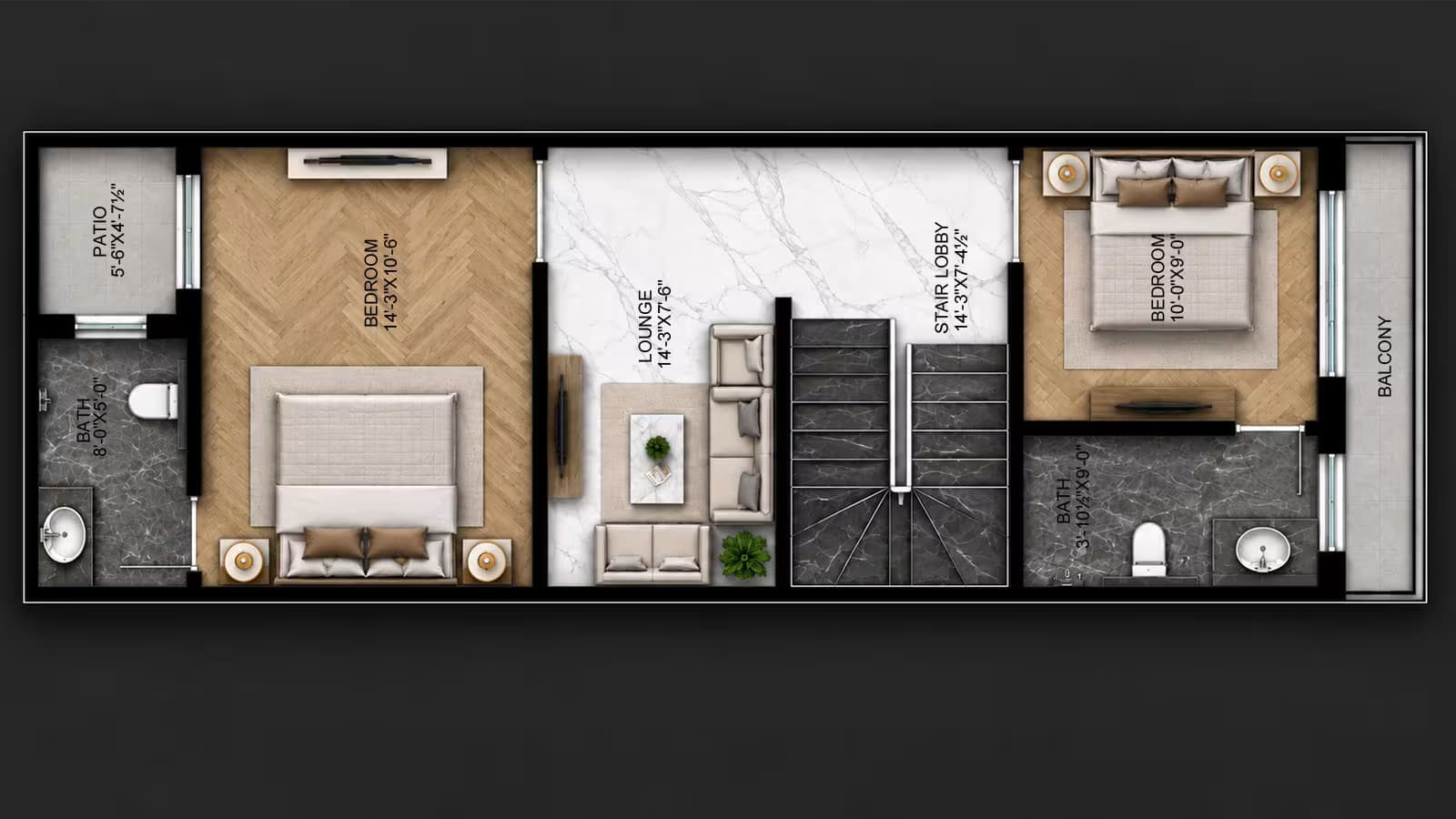 3 Marla first floor house plan with two bedrooms, attached baths, lounge, stair lobby, patio and balcony.