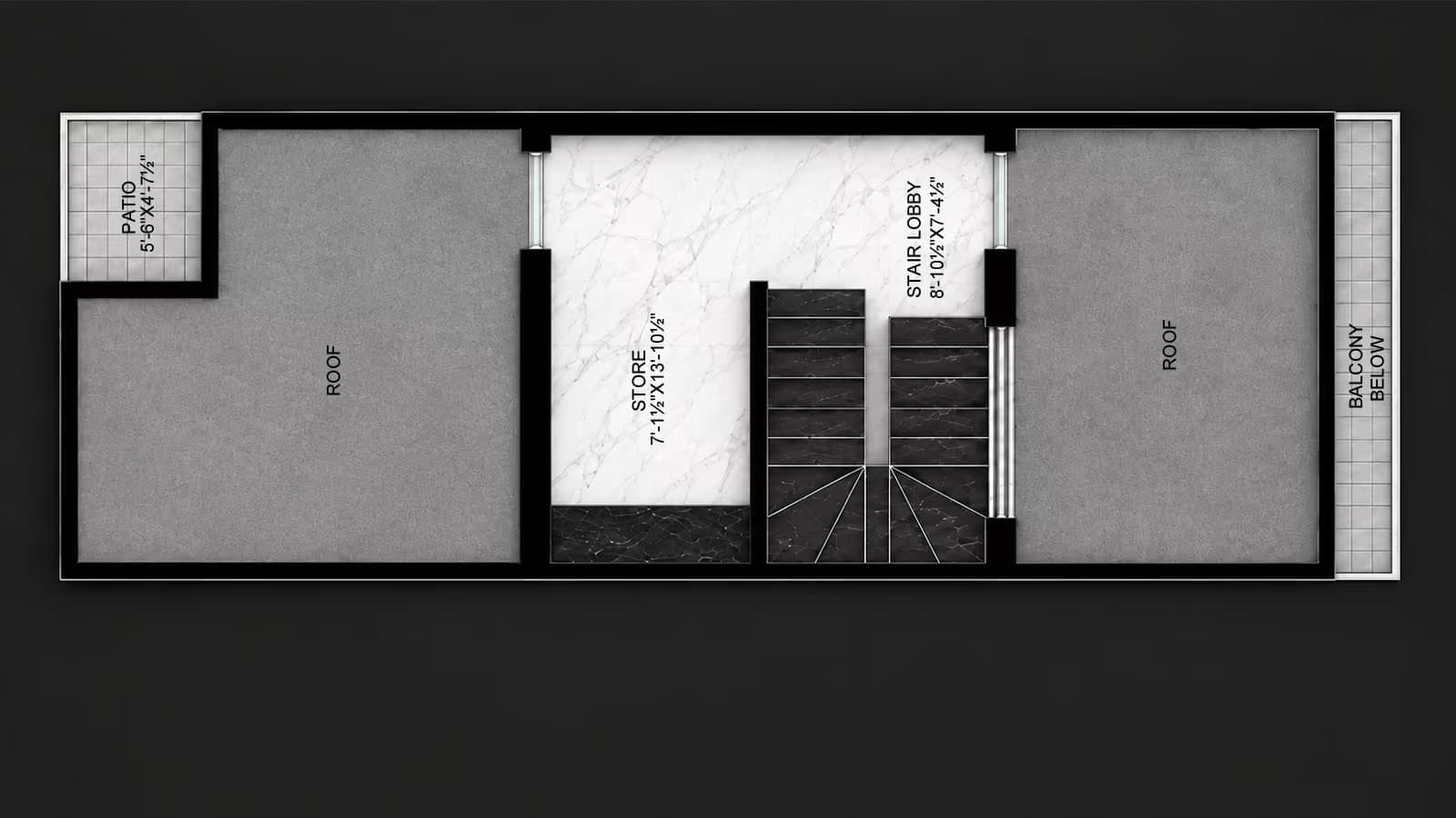 3 Marla mumty floor plan with store, stair lobby, roof area, patio and balcony below.