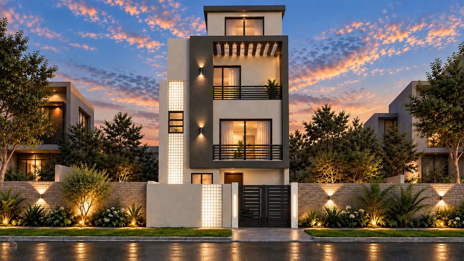 Modern 3.5 Marla triple storey house front elevation with contemporary design, balconies, warm exterior lighting and landscaping.