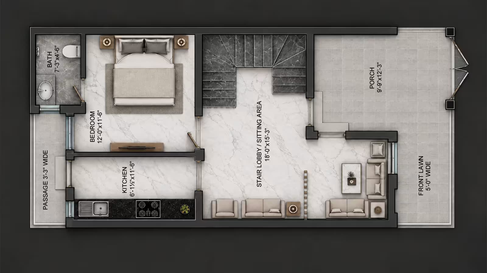 3.5 Marla ground floor house plan featuring 1 bedroom with attached bath, kitchen, stair lobby, sitting area, porch, front lawn and side passage.