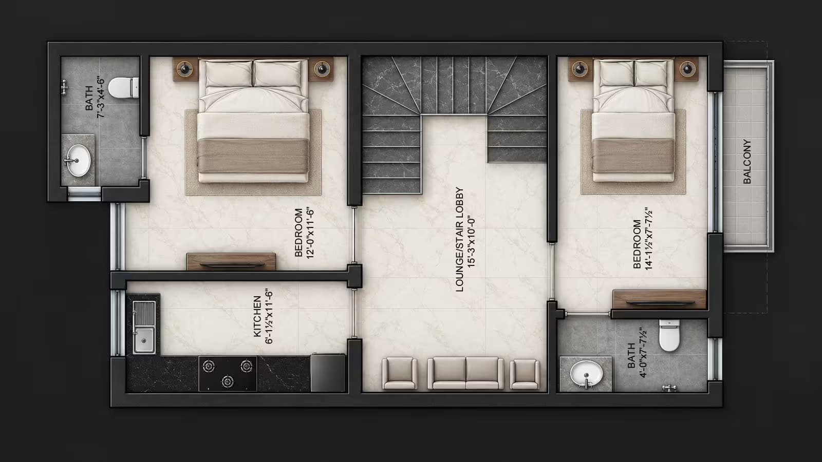 3.5 Marla first floor house plan featuring 2 bedrooms with attached bathrooms, kitchen, lounge, stair lobby and balcony.