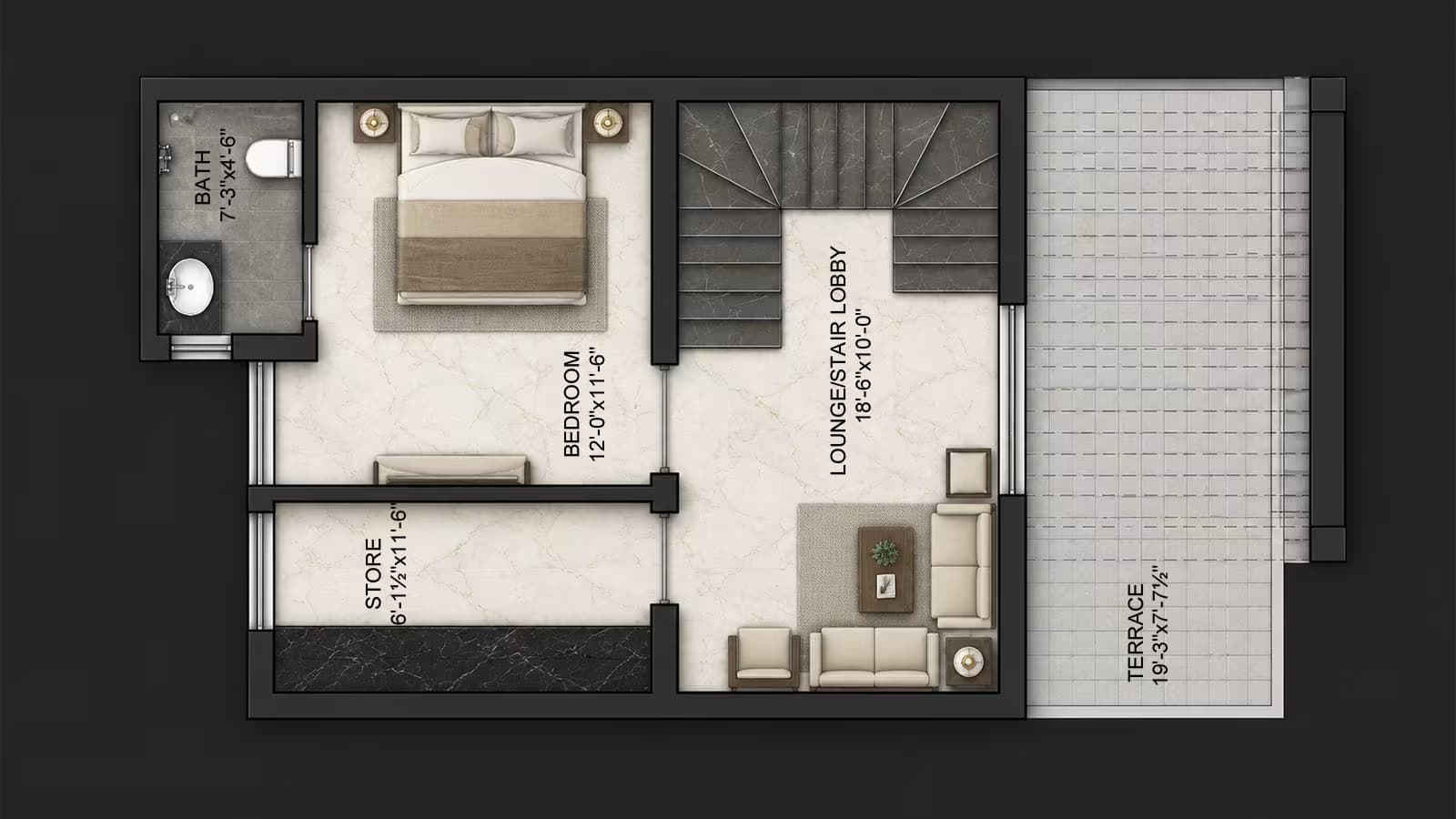 3.5 Marla second floor house plan featuring 1 bedroom with attached bath, lounge, stair lobby, store and spacious terrace.