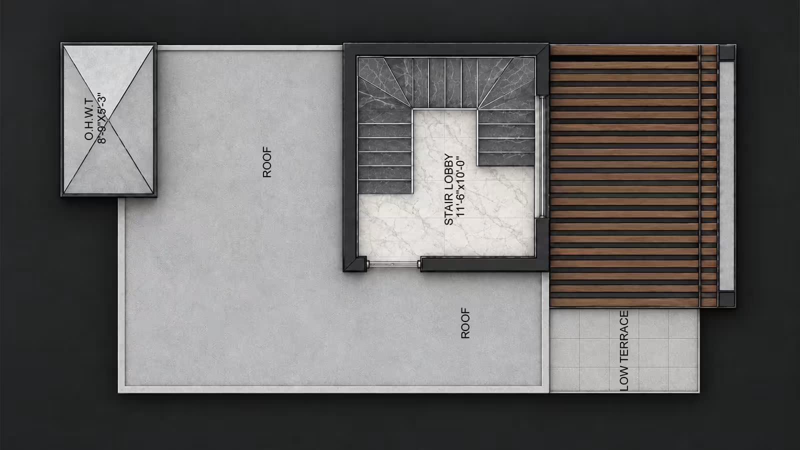 3.5 Marla mumty floor plan featuring stair lobby, open roof area, low terrace, pergola and overhead water tank.