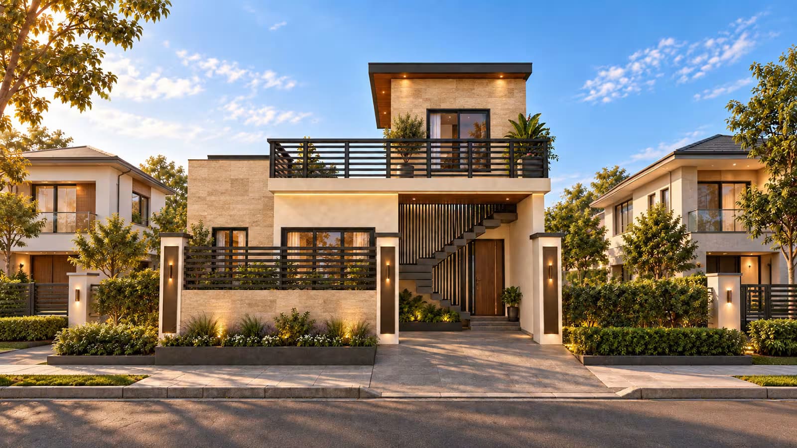 Modern 5 Marla single storey house design with mumty, front elevation, terrace railing and landscaping