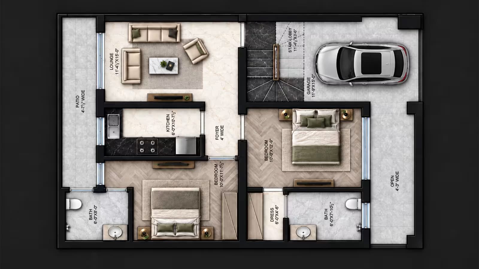 5 Marla single storey ground floor house plan with 2 bedrooms, lounge, kitchen, garage, patio, bathrooms and stair lobby