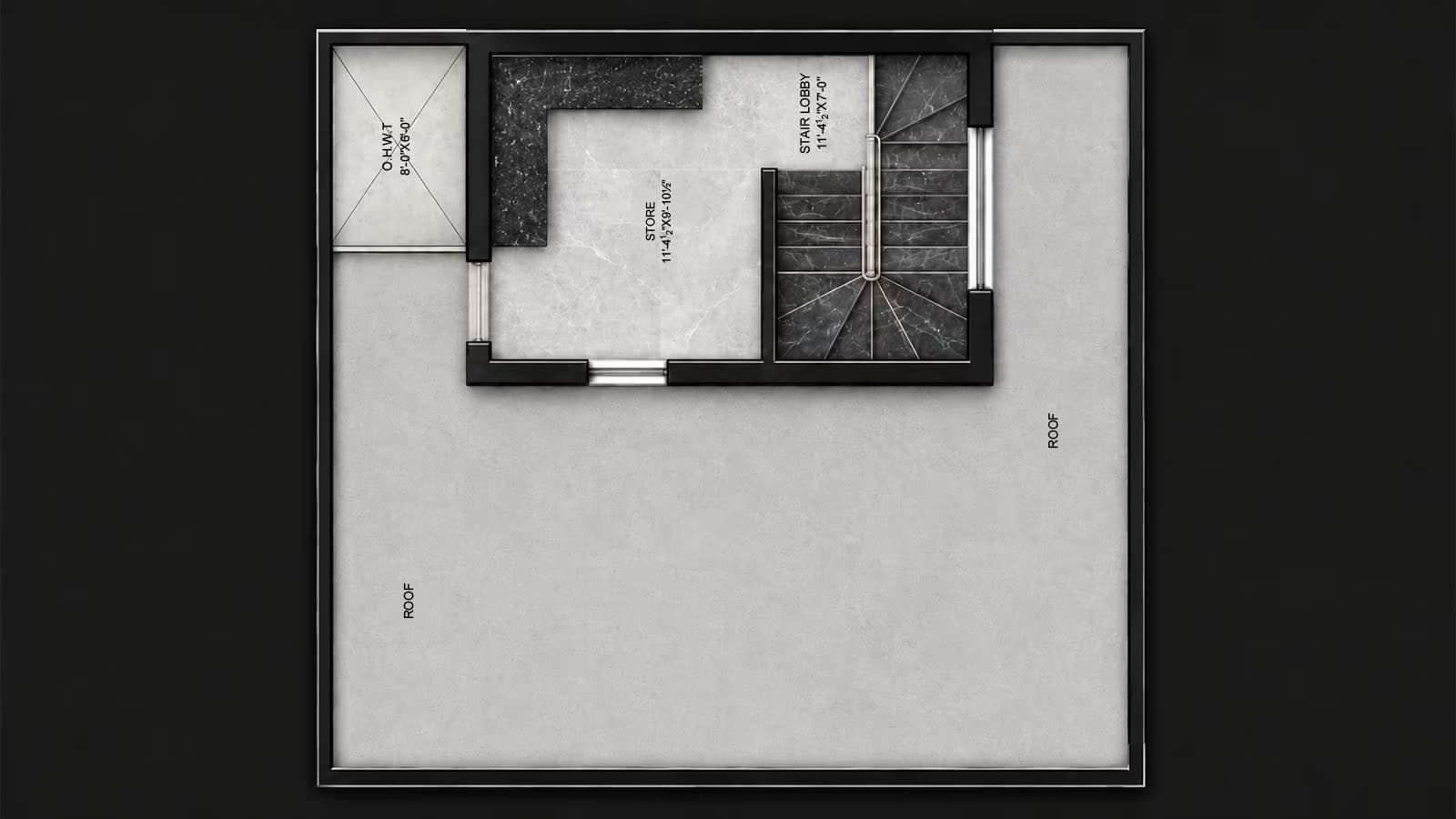 5 Marla mumty floor house plan showing store, stair lobby, overhead water tank area and open roof space.