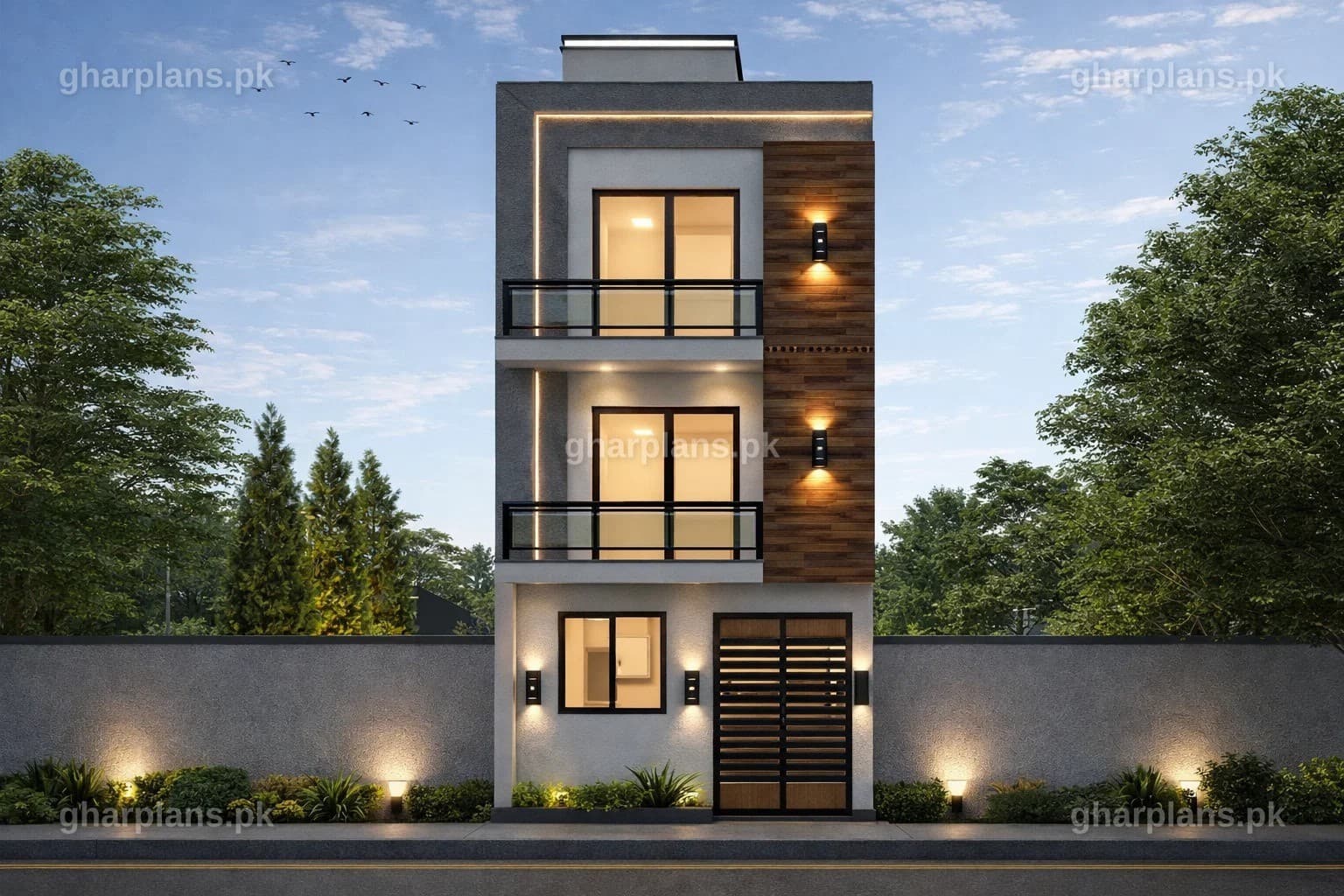 3 Marla House Design 3D – Modern Front Elevation 3 marla house design 3D front elevation: modern 15x45 house with glass balconies, wood cladding and warm LED strip lighting