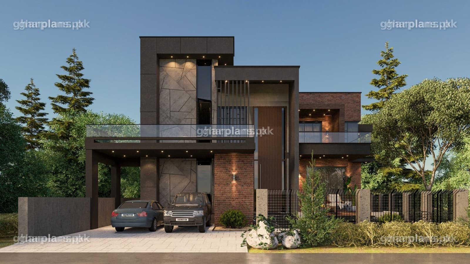 Basement House Design 72 x 90 – 3D Front Elevation 3D front elevation of a 72 x 90 basement house design with 6 bedrooms, planned for two families – Ghar Plans