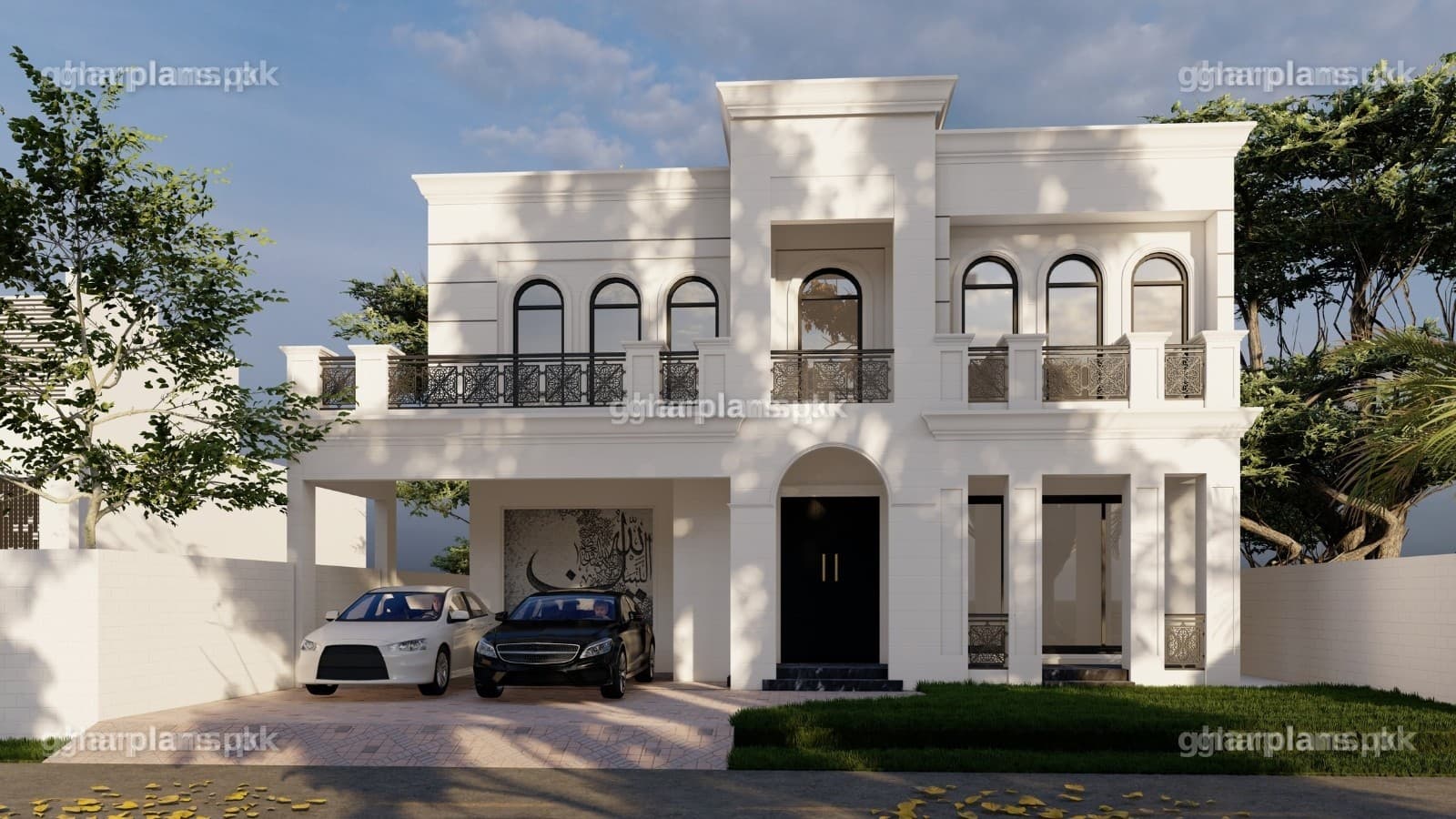 1 Kanal House Elevation – Classical Luxury Front (50x90) Classical 1 kanal house elevation in white with arched windows, black iron railings, an arched entrance and a 2-car porch