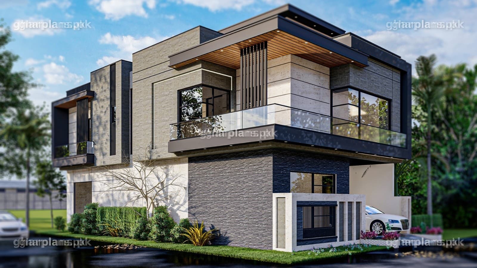 8 Marla House Design corner plot– Modern Front Elevation 8 Marla, 200 square yards house design front elevation of corner plot – Ghar Plans