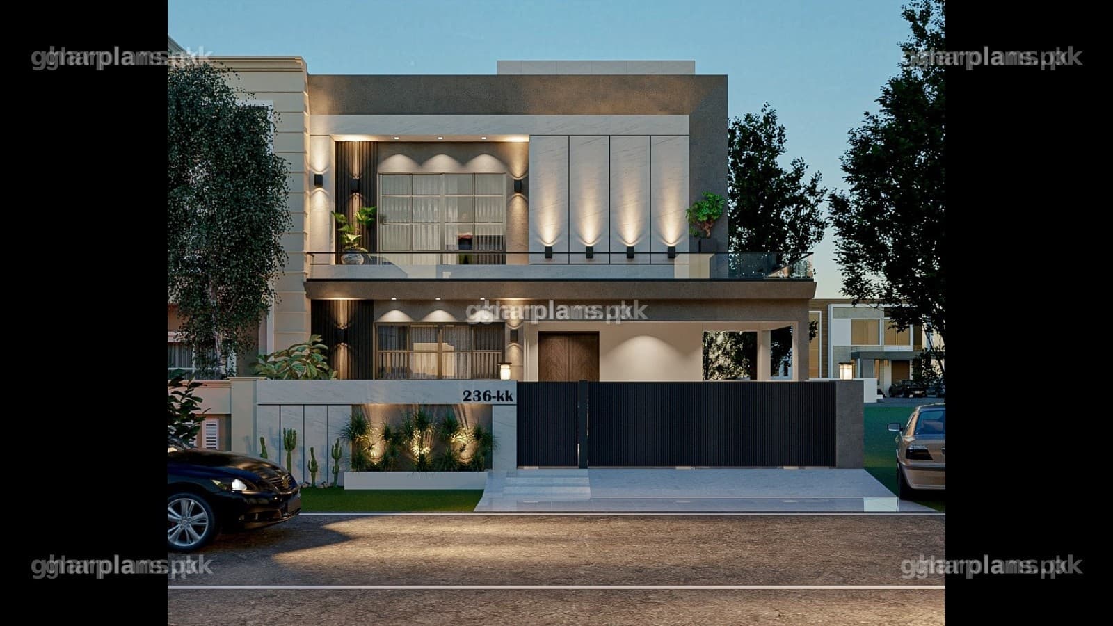 Modern 10 Marla House Front Elevation Modern 10 marla house front elevation with huge windows, concrete and marble tiles, full-width terrace and glass railing – modernist design by Ghar Plans
