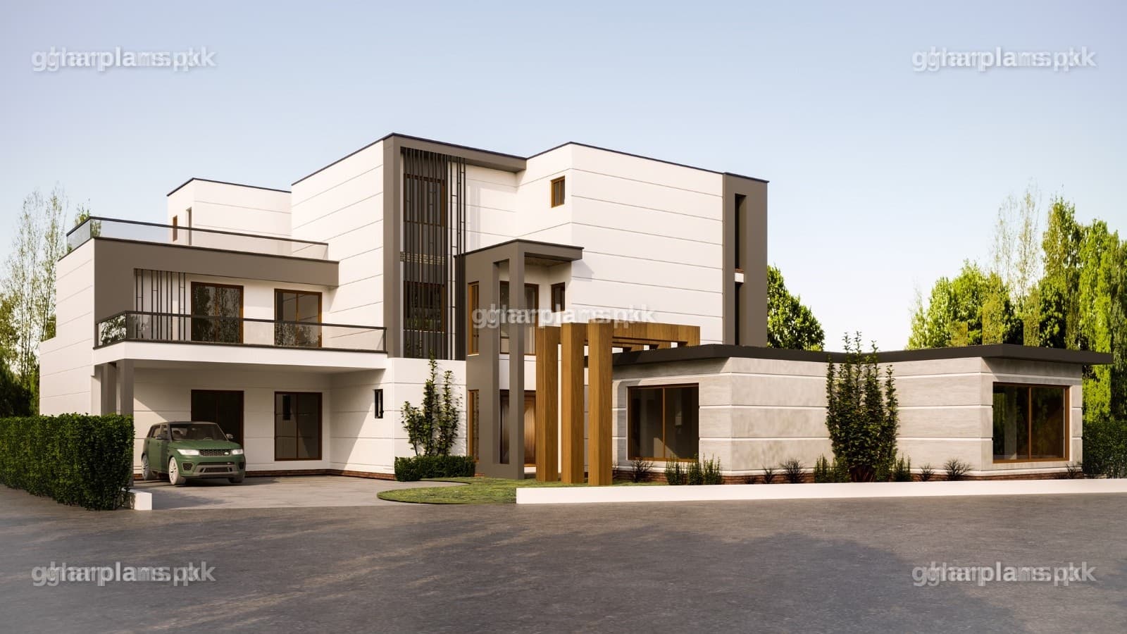 Home Front Design in Pakistan – Luxurious House Elevation Luxurious home front design in Pakistan with off-white and grey tiles, wooden textured louvers, brick framing around windows and a curved entrance lawn – Ghar Plans