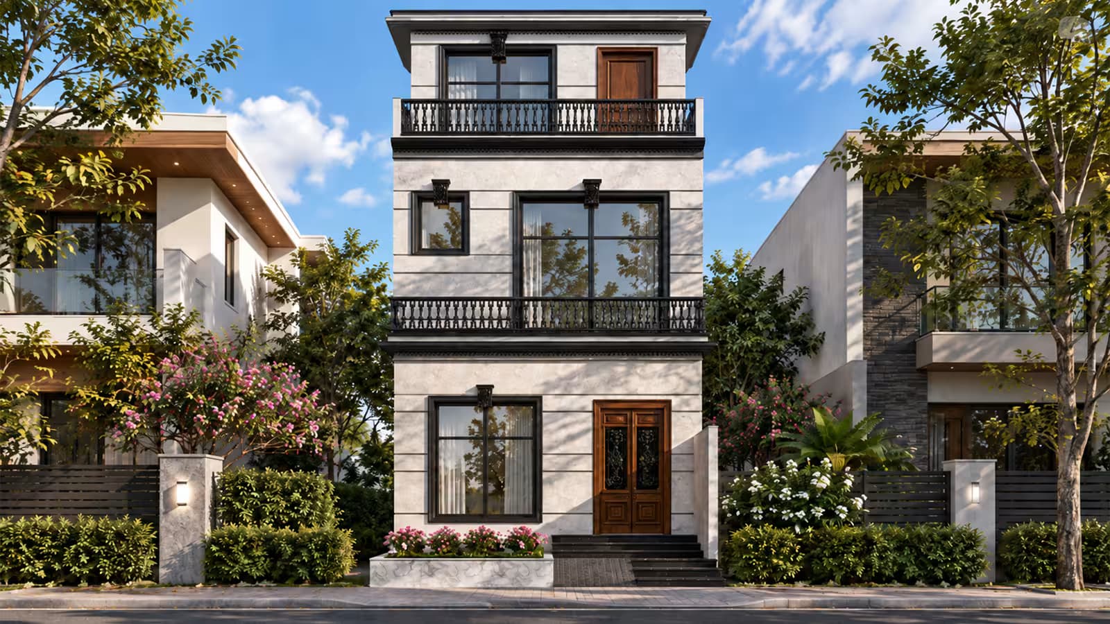 3 Marla Classical House Front Elevation Design 3 Marla classical double storey house design with balcony, mumty, white stone facade and black railings