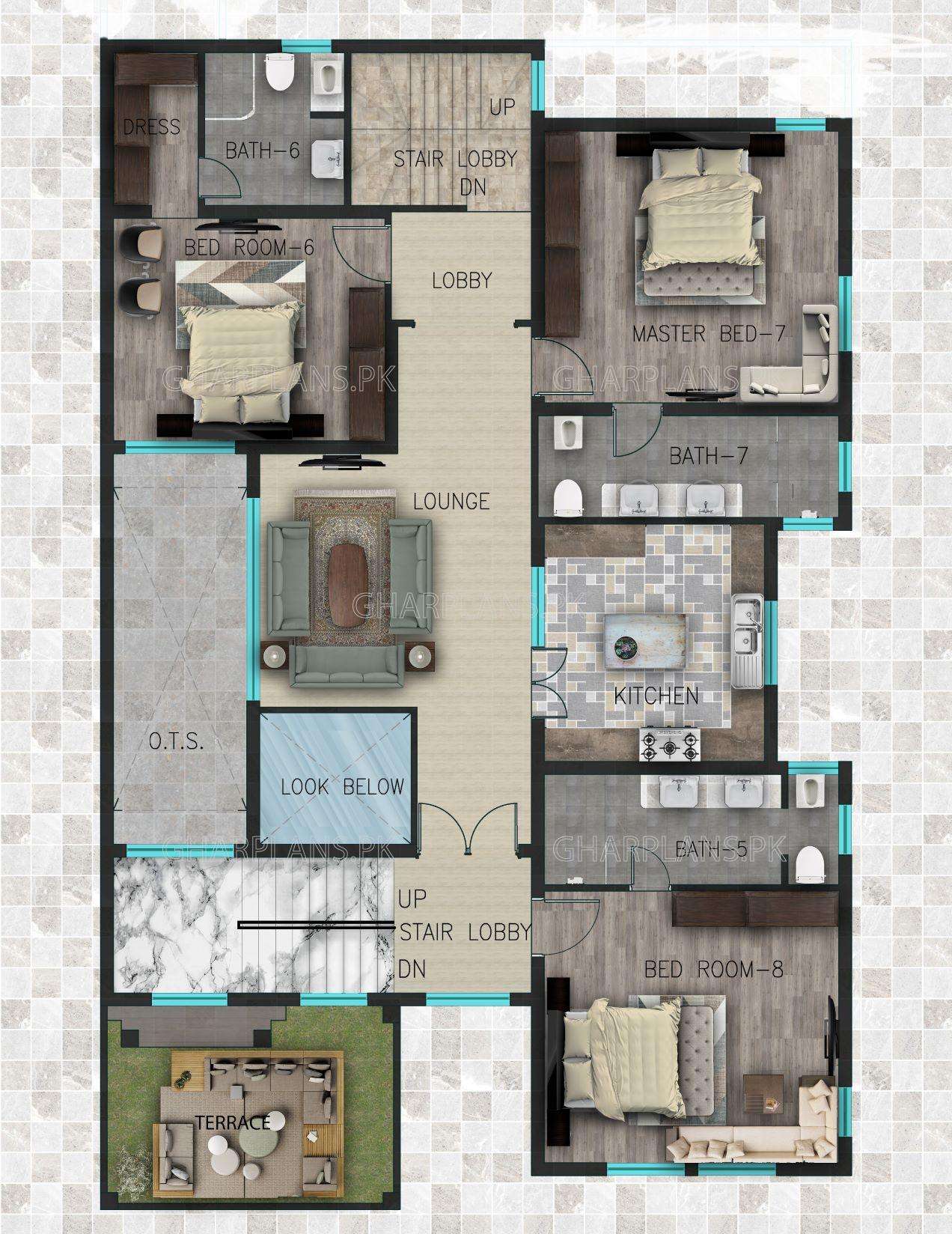 First floor layout plan of One Kanal Modern Home Design