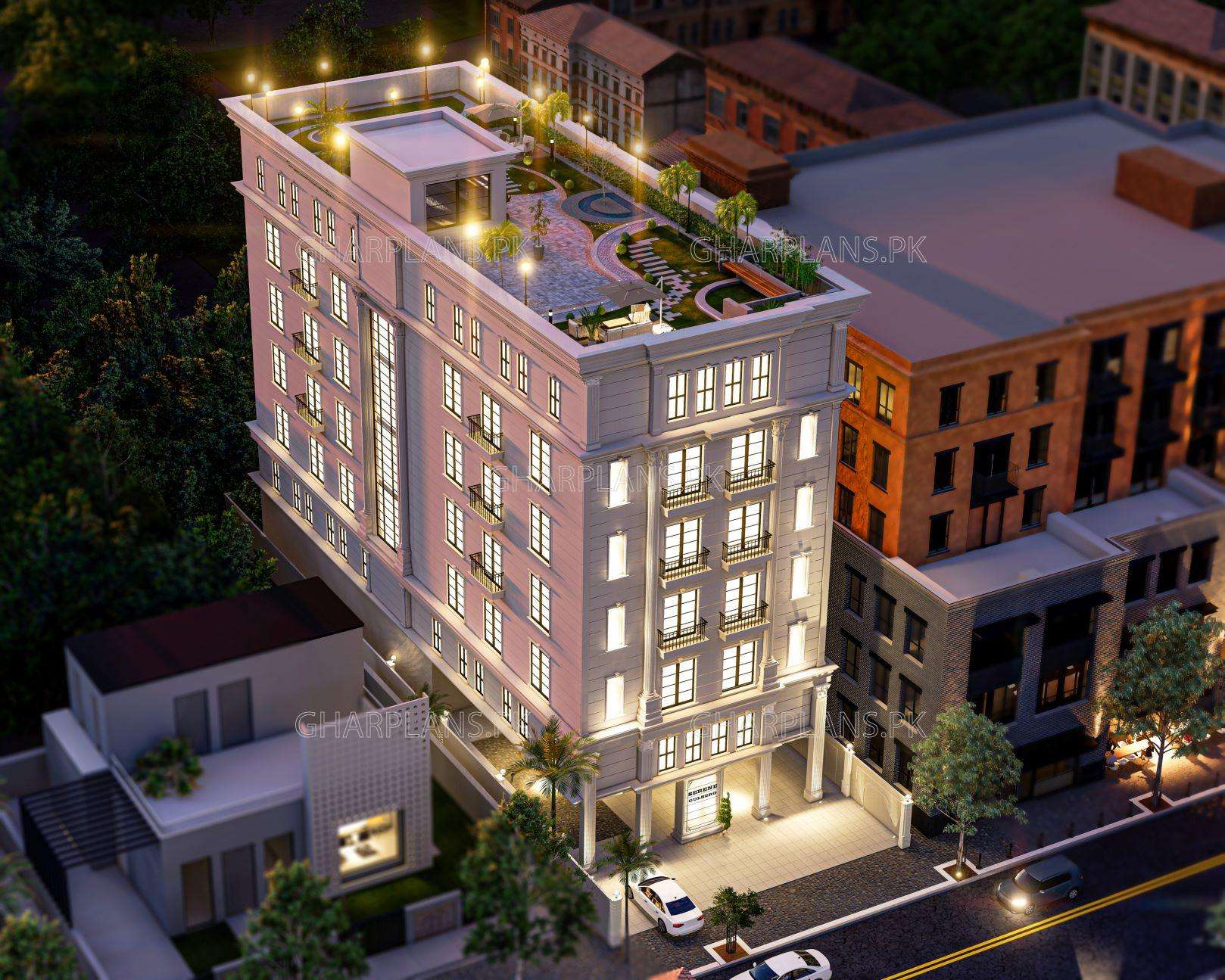 Design & Elevation of 2 kanal apartment building in Gulberg, Lahore
